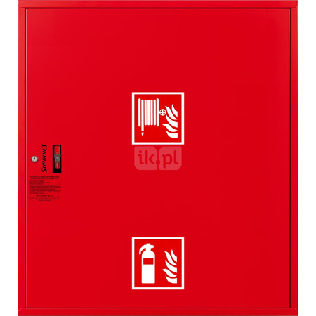 Hydrant DN33 zawieszany z miejscem na gaśnice pod zwijadłem, wąż 30m, ocynk fasada, zamek patent RAL 3000