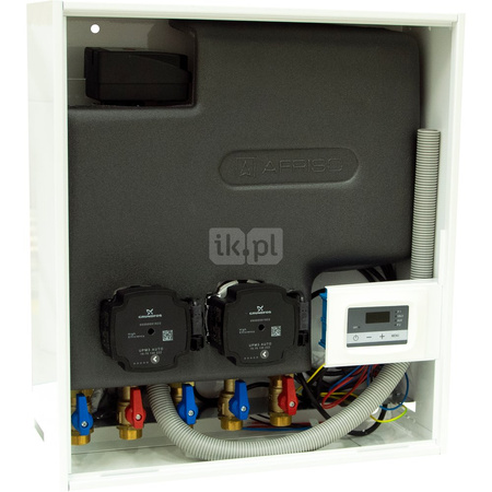 Zestaw separacyjny PrimoBox AHB 642 w szafce, 2 pompy Grundfos UPM3 Auto, zawór termostatyczny ATV 213 (45°C), zawór przełączający AZV 643