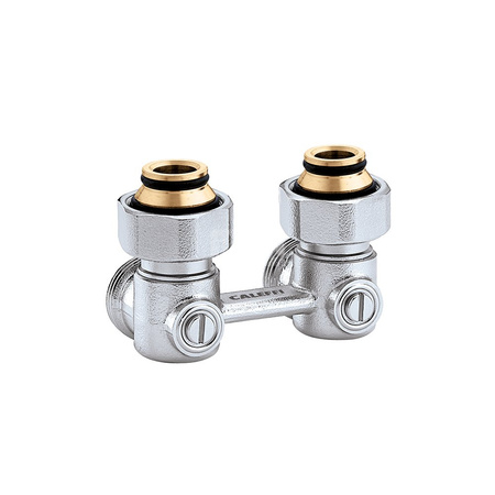 Podwójny zawór podłączeniowy do grzejników stalowych z wkładką termostatyczną. Wersja kątowa - 3/4" GZ