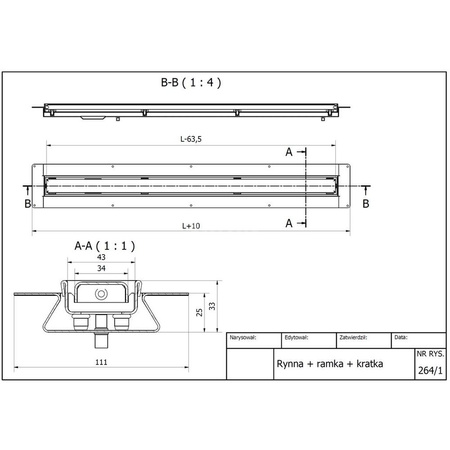 Odpływ liniowy 600mm OMEG Aslim, stal szczotkowana + syfon HC26-58WH-65