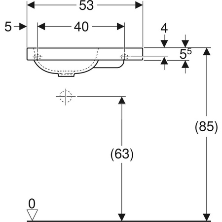 Umywalka iCon Light kompaktowa z powierzchnią odkładczą 53 cm, bez otworu, bez przelewu, z półką z prawej
