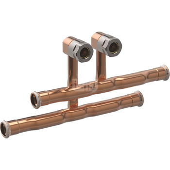 Zestaw trójników przyłączeniowych do zasilania i powrotu z grzejnika Geberit Mapress Kupfer, ze śrubunkami przyłączeniowymi do E