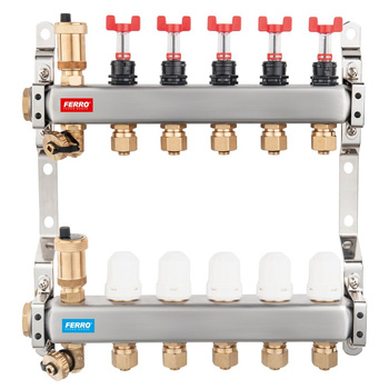 Rozdzielacz 11-drogowy z zaworami termostatycznymi, przepływomierzami i złączkami, stal nierdzewna