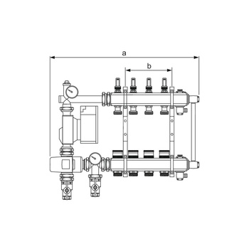 Rozdzielacz ogrzewania podłogowego TECEfloor zintegrowany z termostatycznym zaworem trójdrogowym i mieszaczem pompowym 5 sekcyjny