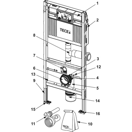 TECEprofil - uniwersalny stelaż podtynkowy do WC ze spłuczką podtynkową uruchamianą z przodu, z wyjściem umożliwiającym podłączenie odciągu zapachów z prawej strony