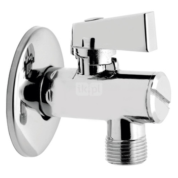 Zawor kulowy kątowy 1/2" x 3/8" z rozetą i filtrem, uchwyt metalowy