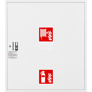 Hydrant DN33 zawieszany z miejscem na gaśnice pod zwijadłem, wąż 30m, ocynk fasada, zamek patent RAL 9003