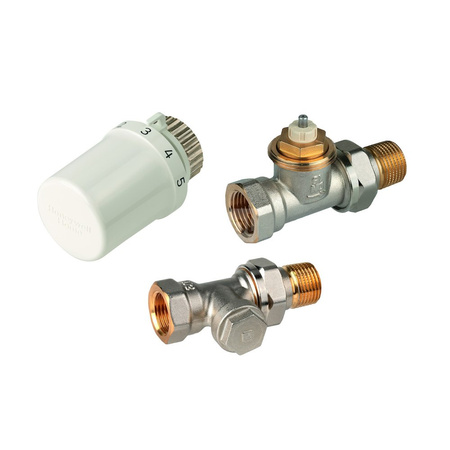 Zestaw do grzejników bocznozasilanych: głowica Thera-6 T3019W0 + Zawór termostatyczny, prosty, wkładka SX, 1/2" V2020DSX15 + Zawór powrotny, prosty, 1/2" V2420D0015