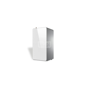 SWDP 300 O C – stojący, o podstawie kwadratowej, ze stali nierdzewnej podgrzewacz do c.w.u. z jedną wężownicą do pomp ciepła, czujnik temp. na wyposażeniu.  Biały metalowy front komponuje się z metalową obudową pompy ciepła.