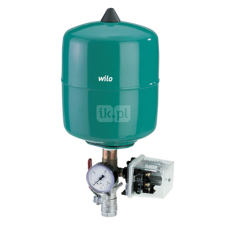 Akcesorium elektryczne do pomp (wyłącznik ciśnieniowy), WILO - Akcesoria Wyłącznik ciśnieniowy PN10 składający się z: membranowego zbiornika ciśnieniowego (pojemność 8 l), manometru, zaworu regulacyjnego ze zintegrowanym zabezpieczeniem przed przepływem z