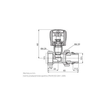 PHA-030A G1/2 WZ PN10 DN15 Zawór grzejnikowy P gwint samouszczelniający CuZn-C PN-M-75002