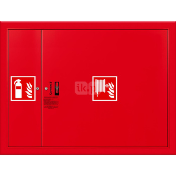 Hydrant DN33 wnękowy z miejscem na gaśnicę obok zwijadła, wąż 30m, ocynk fasada, zamek patent, RAL 3000