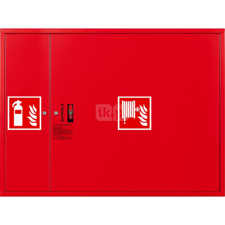 Hydrant DN33 zawieszany z miejscem na gaśnicę obok zwijadła, wąż 30m, ocynk fasada, zamek patent, RAL 3000