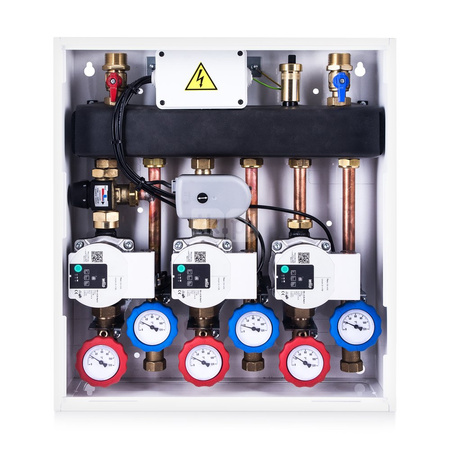 Grupa pompowa VITZONE 123 - 1 bezpośredni pompowy obieg grzewczy, bez podmieszania + 1 obieg grzewczy z zaworem 3-drogowym mieszającym i siłownikiiem + 1 obieg grzewczy z zaworem termostatycznym