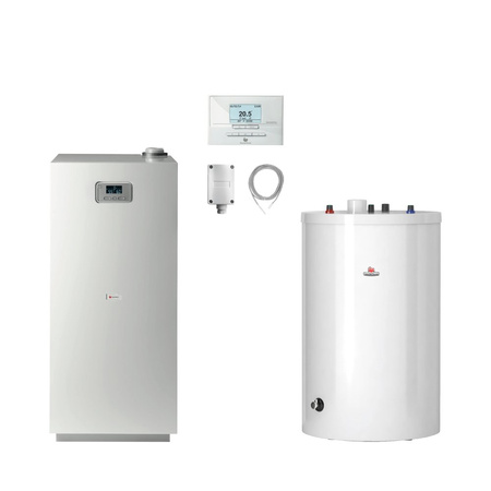 Pakiet - Kocioł gazowy jednofunkcyjny SAUNIER DUVAL Niedźwiedź Condens KKS25 kondensacyjny stojący 8.3-26.5kW + Czujnik temperatury zewnętrznej + Czujnik c.w.u. NTC + Regulator EXACONTROL E7C + Drugie przyłącze powrotu + Zasobnik c.w.u FE 200/6 BM