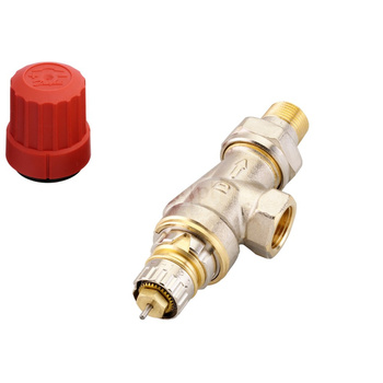 Zawór grzejnikowy termostatyczny DANFOSS, Kątowy odwrócony (aksjalny) z nastawą wstępną (Bez ograniczenia skoku), 3/8 cala (10), Niklowanie - Biały