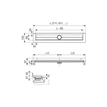 TECEdrainline - Rynny odpływowe proste z wygiętym kołnierzem i taśmą uszczelniająca Seal System 700 mm