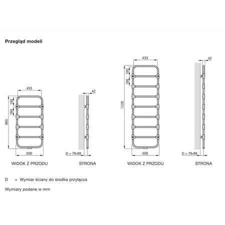 Grzejnik drabinkowy ZEHNDER Nobis, 1520/500mm, kolor Chrom, moc 288W