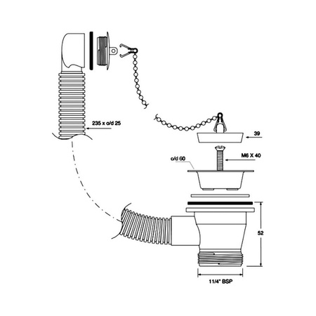 Spust umywalkowy 11/4"x60mm z sitkiem ze stali nierdzewnej i przelewem