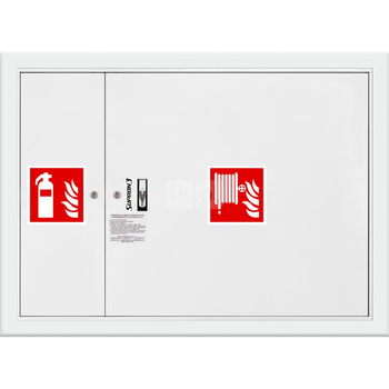 Hydrant DN52 wnękowy z miejscem na gaśnicę obok kosza, wąż 20m, zamek patent, RAL 9003