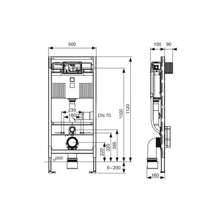 TECEprofil - uniwersalny stelaż podtynkowy do WC ze spłuczką podtynkową uruchamianą z przodu, z wyjściem umożliwiającym podłączenie odciągu zapachów z prawej strony