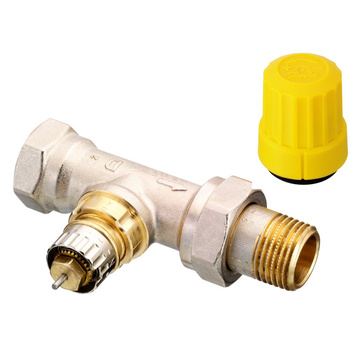 Zawór grzejnikowy termostatyczny DANFOSS, Prosty z nastawą wstępną (Bez ograniczenia skoku), 1/2 cala (15), Niklowanie - Biały