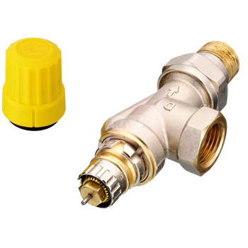 Zawór grzejnikowy termostatyczny DANFOSS, Kątowy odwrócony (aksjalny) z nastawą wstępną (Bez ograniczenia skoku), 1/2 cala (15), Niklowanie - Biały