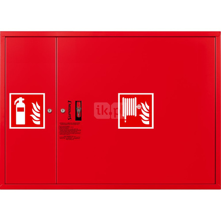 Hydrant DN52 zawieszany z miejscem na gaśnicę obok kosza, wąż 15m, zamek patent, RAL 3000