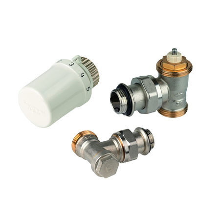 Zestaw do grzejników bocznozasilanych: głowica Thera-6 T3019+ Zawór termostatyczny, kątowy, wkładka SX, G3/4" V2036ESX15 + zawór powrotny, kątowy, 1/2", V2437E0015