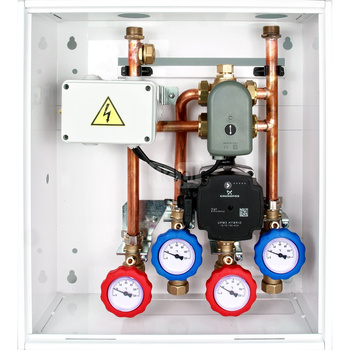 Grupa pompowa VITKOND A - grupa pompowa dla 2 stref grzewczych: 1 bezpośredni pompowy obieg grzewczy + 1 obieg grzewczy z zaworem 6-drogowym mieszającyn i siłownikiem