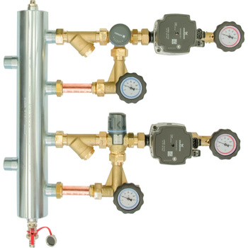 Zestaw mieszający ze sprzęgłem hydraulicznym BPS 961, człon z zaworem obrotowym ARV 362 i termostatycznym ATM 561, pompy Grundfos UMP3