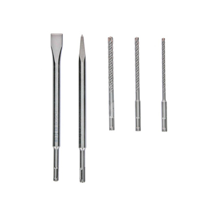 5-częściowy SDS plus-5X i zestaw dłut 5pcs SDS plus-5X and chisel set: 6/8/10x100x160, pointed/flat chisel 250mm