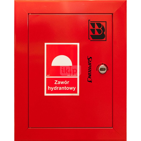 Zawór hydrantowy pożarowy typ ZH-52 wraz z obudową. Obudowa 400 wnękowa. Znak B, zamek OTS, kolor RAL3000