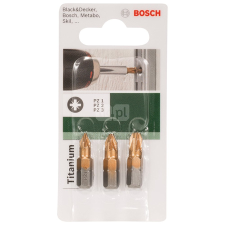 3-częściowy zestaw końcówek wkręcających Titanium (PZ) PZ1, PZ2, PZ3, 25 mm
