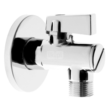 Zawór kulowy kątowy 1/2" x 3/4" z rozetą i filtrem, uchwyt metalowy