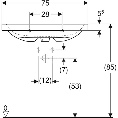 Umywalka iCon Light 75 cm, z otworem na środku, z przelewem,