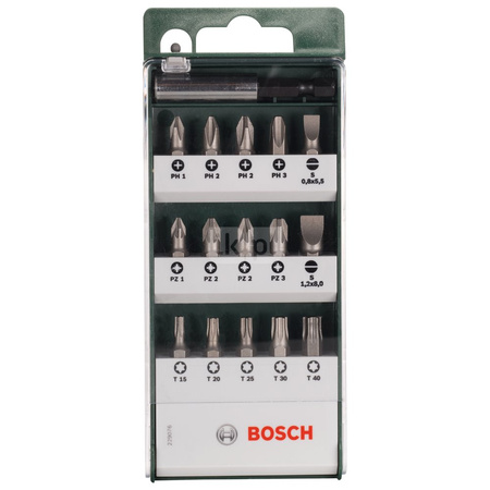 16-częściowy zestaw standardowych końcówek wkręcających, mieszany (S, PH, PZ, T) UH 54, S0,8x5,5, S1,2x8,0, PH1, PH2 (2x), PH3,