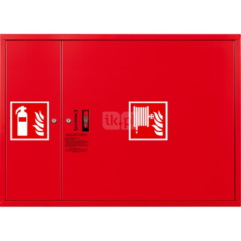 Hydrant DN52 zawieszany z miejscem na gaśnicę obok kosza, wąż 15m, zamek patent, RAL 3000