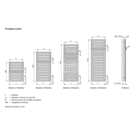 Grzejnik drabinkowy ZEHNDER Metropolitan Bar, 805/600mm, kolor Biały, moc 449W