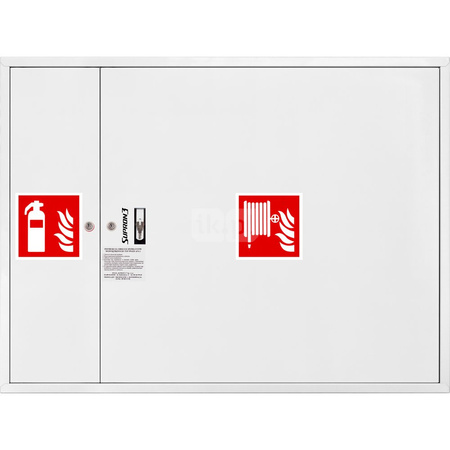 Hydrant DN33 zawieszany z miejscem na gaśnicę obok zwijadła, wąż 20m, ocynk fasada, zamek patent, RAL 9003