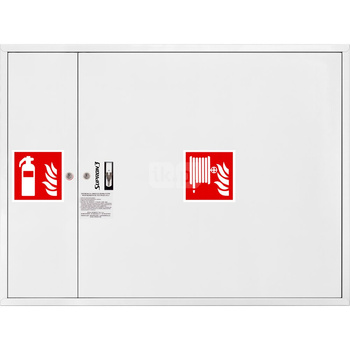 Hydrant DN33 zawieszany z miejscem na gaśnicę obok zwijadła, wąż 20m, ocynk fasada, zamek patent, RAL 9003