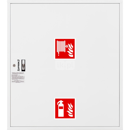 Hydrant DN33 zawieszany z miejscem na gaśnice pod zwijadłem, wąż 30m, ocynk fasada, zamek patent RAL 9003