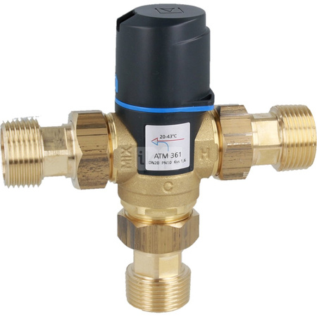 Zestaw termostatycznego zaworu mieszającego ATM 361, DN20, G1", 20-43°C, Kvs 1,6 m3/h, ze śrubunkami