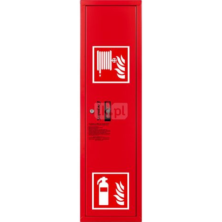 Hydrant DN52 zawieszany boczny z koszem, z miejscem na gaśnicę, wąż 15m, zamek patent, RAL 3000 prawy