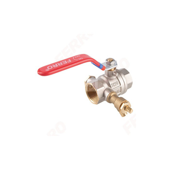 Zawór kulowy nakrętno-nakrętny z dźwignią, z zaworem spustowym i korkiem, 1/2", F-Power
