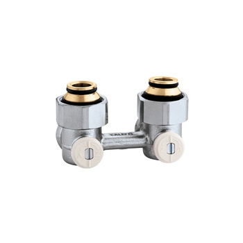 Podwójny zawór podłączeniowy do grzejników stalowych z wkładką termostatyczną. Wersja kątowa - 3/4" GZ