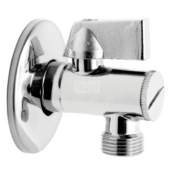 Zawór kulowy kątowy 1/2" x 3/4"  z rozetą i filtrem, uchwyt aluminiowy