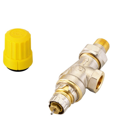 Zawór grzejnikowy termostatyczny DANFOSS, Kątowy odwrócony (aksjalny) z nastawą wstępną (Bez ograniczenia skoku), 3/8 cala (10), Niklowanie - Biały