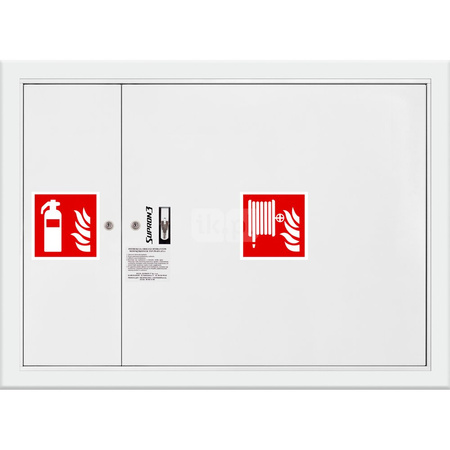 Hydrant DN52 wnękowy z miejscem na gaśnicę obok kosza, wąż 20m, zamek patent, RAL 9003