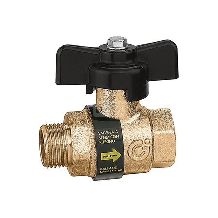 BALLSTOP - Zawór kulowy z wbudowanym zaworem zwrotnym z gwintem zewnętrzny i wewnętrznym. Pokrętło motylkowe 1/2" GZ x 1/2" GW